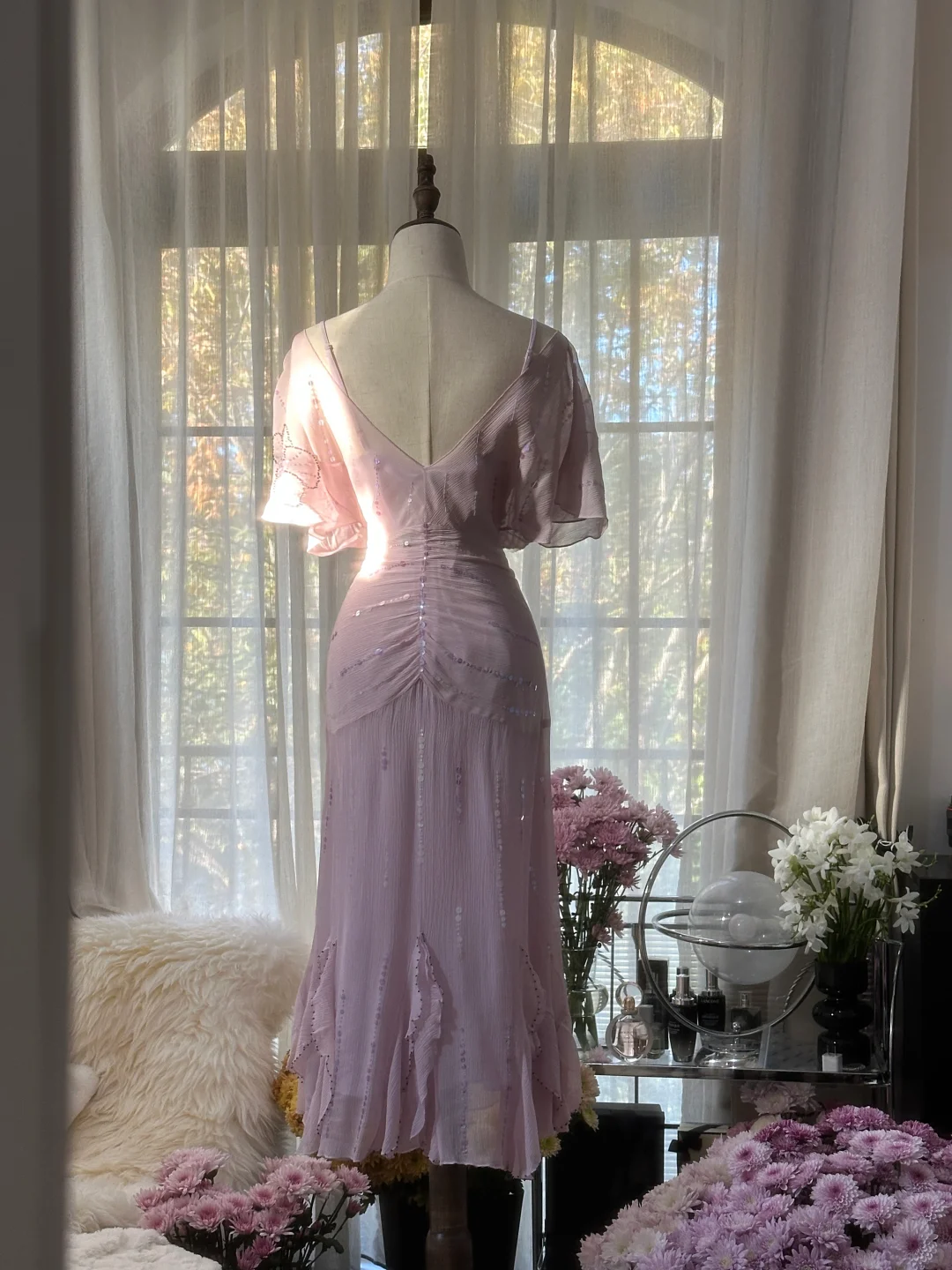 Gentle A Line V Neck Sequin Light Purple Chiffon Party Dress Wedding Guest Dress SH2963
