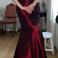 Vintage Burgundy Mermaid Strapless Beaded Satin Prom Dress Evening Dress Date Dress SH5639