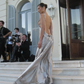 Elegant A Line V Neck Beaded Grey Satin Long Backless Prom Dress Wedding Guest Dress SH5360