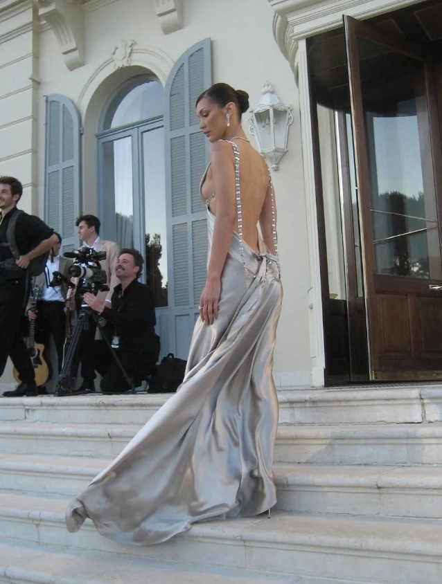 Elegant A Line V Neck Beaded Grey Satin Long Backless Prom Dress Wedding Guest Dress SH5360