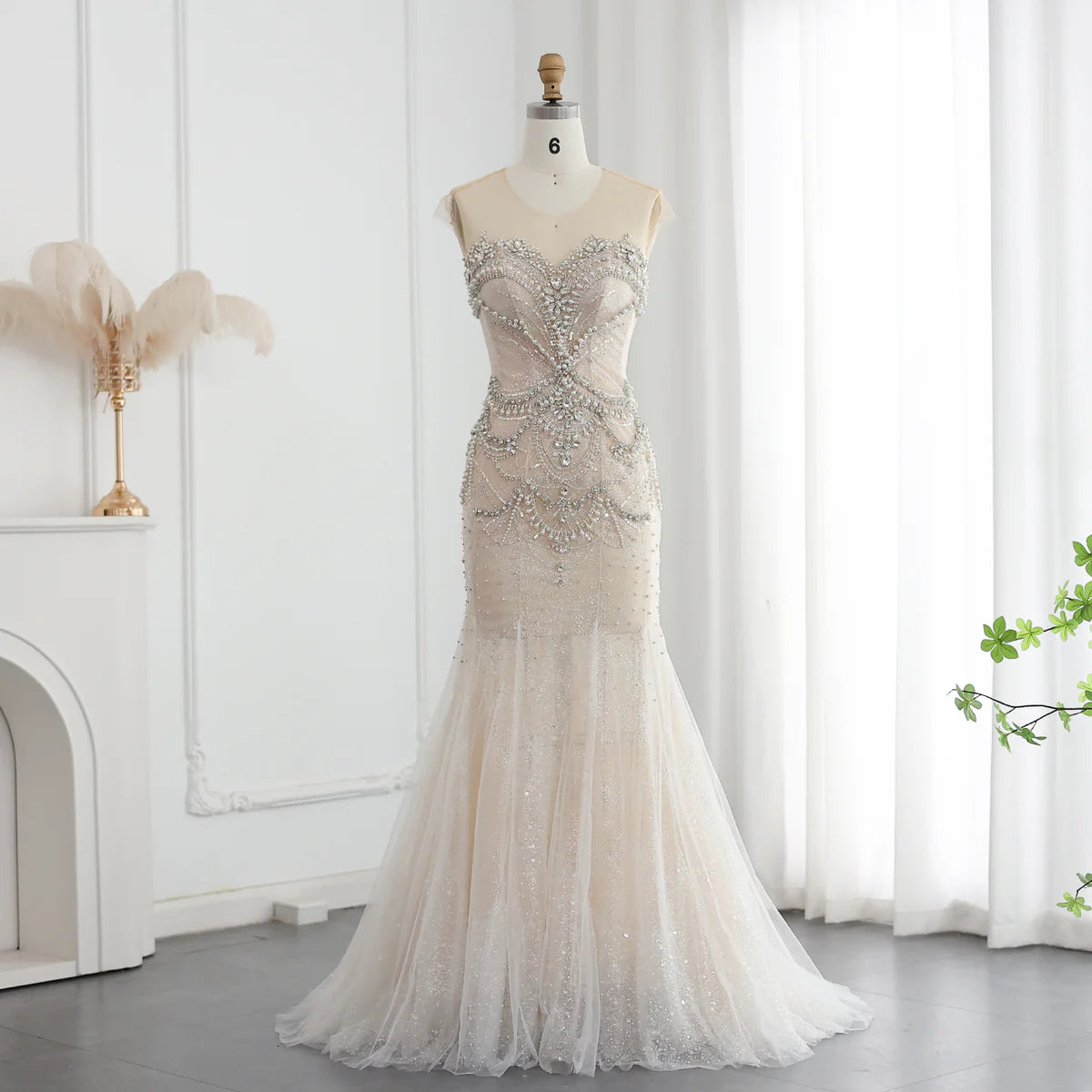 Luxury Mermaid Crystal Pearls Nude Tulle Long Prom Dress  SH1605