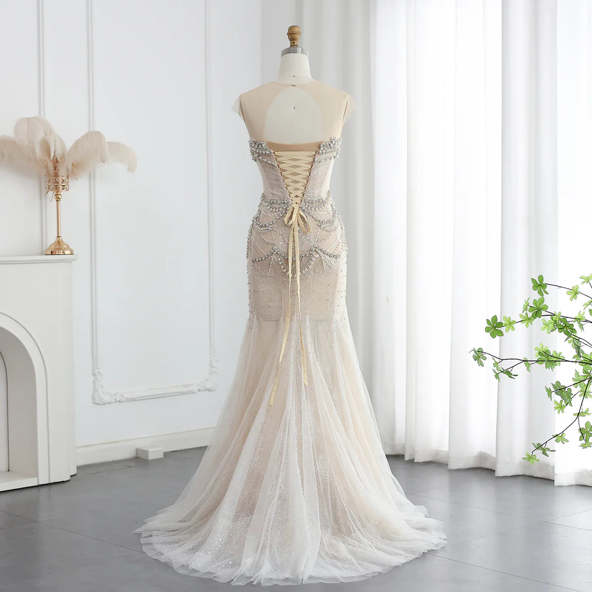 Luxury Mermaid Crystal Pearls Nude Tulle Long Prom Dress  SH1605