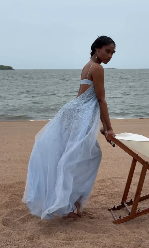 Blue A Line Spaghetti Strap Sequin Beaded Tulle Prom Dress Evening Dress SH4791