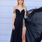Unique Black A Line Off the Shoulder Beaded Chiffon Prom Dress Evening Dress with Slit SH6598
