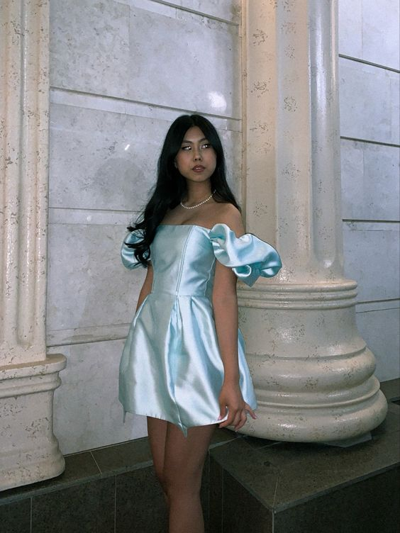 Cute Light Blue Off The Shoulder Puff Sleeves Party Prom Dress Homecoming Dress SH1096