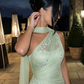Sage Green A Line One Shoulder Embroidery Chiffon Prom Dress Evening Dress SH5620