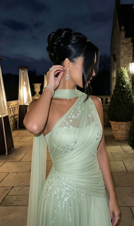 Sage Green A Line One Shoulder Embroidery Chiffon Prom Dress Evening Dress SH5620