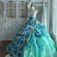 Vintage Dreamy Blue Strapless Print Floral Organza Prom Dress Sweet 16 Dress SH5782