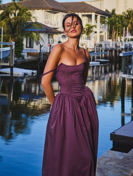 Classic A Line Spaghetti Straps Appliques Dark Purple Satin Prom Dress Outfits SH4836