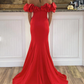 Fashion Red Off The Shoulder Mermaid Prom Dress,Slit Satin Evening Dress SH841