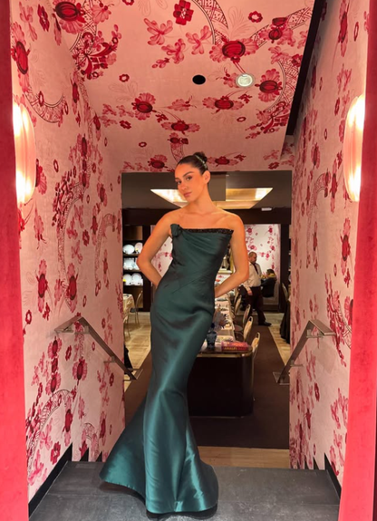 Vintage Emerald Mermaid Strapless Satin Prom Dress Evening Dress SH6342
