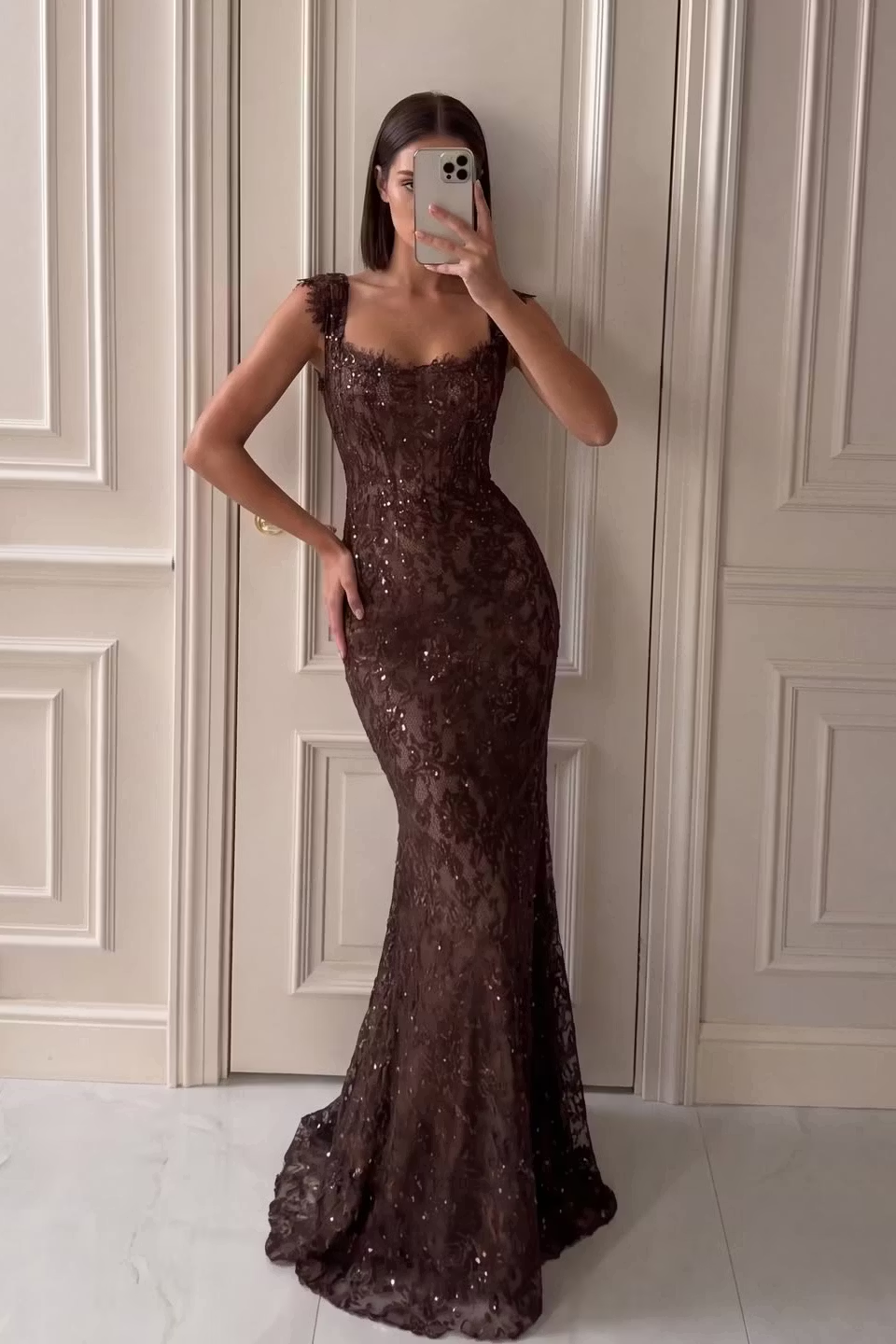 Brown Mermaid Strap Sequin Lace Long Prom Dress Evening Dress SH8552