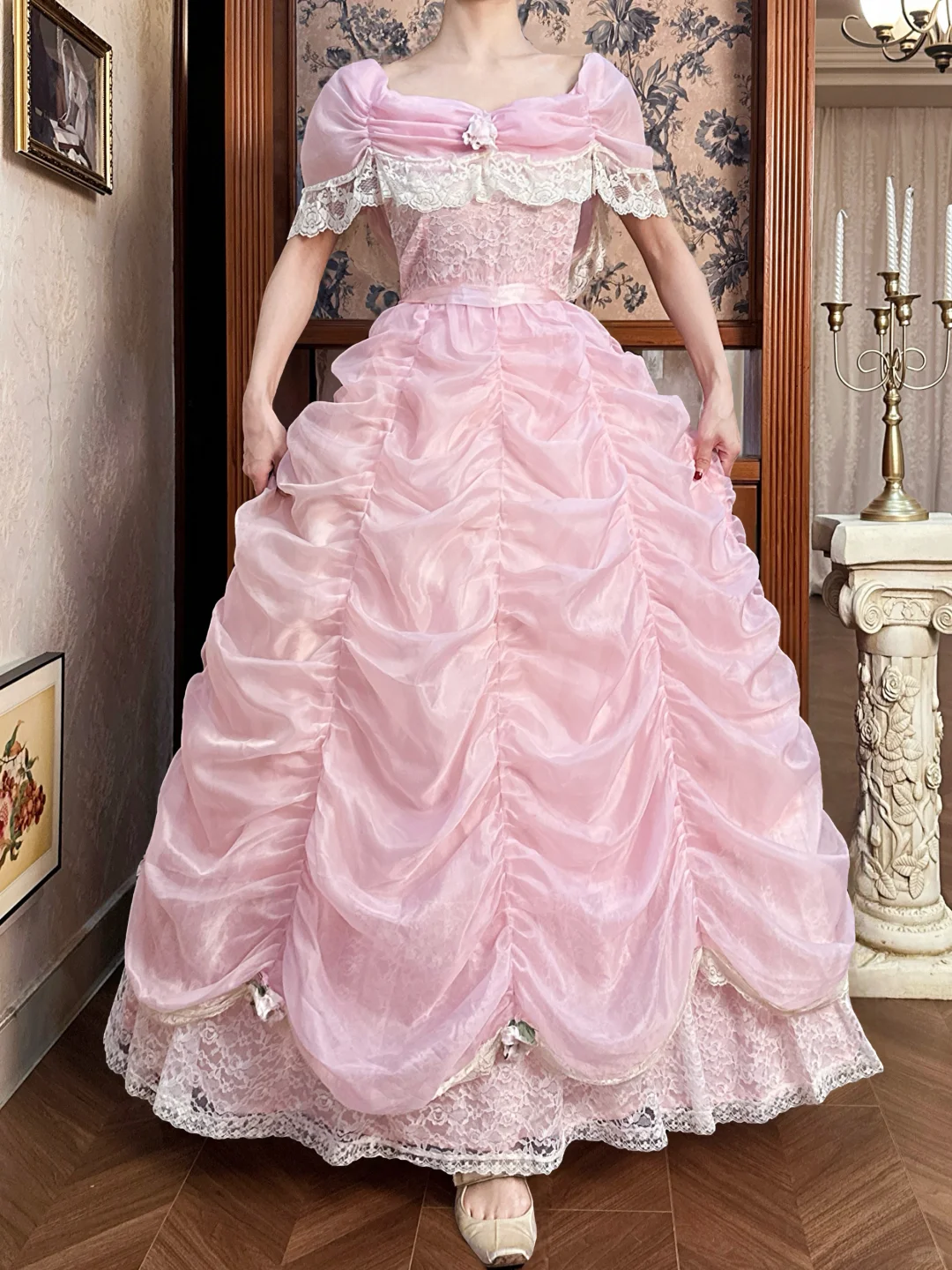 Vintage Sweety Pink Ball Gown Lace Tulle Long Prom Dress 16th Birthday Dress SH5201