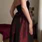 Vintage A Line Strapless Black Velvet Burgundy Satin Prom Dress Evening Dress SH6074