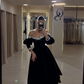 Elegant A Line Long Sleeve Pearl Black Velvet Long Prom Dress SH5301