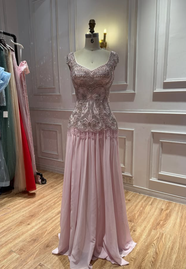 Luxurious Light Pink A Line V Neck Beaded Chiffon Long Prom Dress Evening Dress SH8950