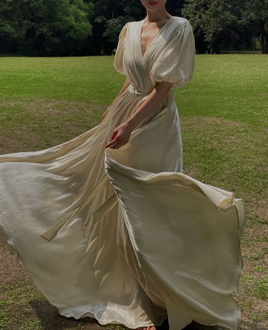 Simple A Line Puff V Neck Satin Long Prom Dress Birthday Dress Outfits SH3973