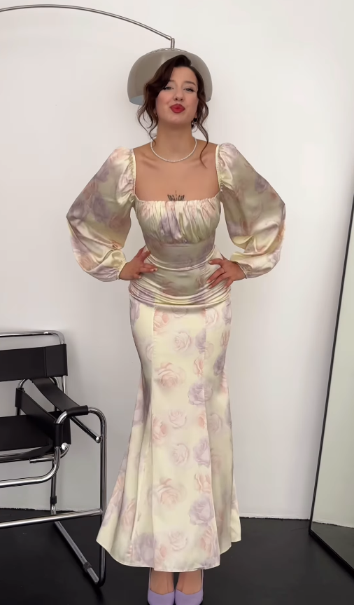 Pretty Mermaid Long Sleeve Print Floral Satin Long Prom Dress Party Dress SH4848