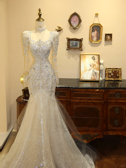 Luxurious Mermaid Long Sleeve Sequin Tulle Long Prom Dress Wedding Dress SH7407