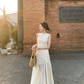 Simple A Line Round Neck Light Apricot Lace Chiffon Party Dress Outfits SH4259