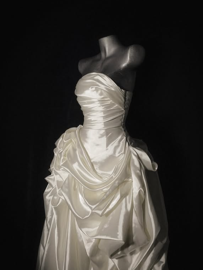 Gentle A Line Strapless Pleated White Satin Long Wedding Dress SH4529