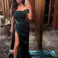 Sexy Dark Green Satin Mermaid Prom Dresses 2022 Spaghetti Straps Pleats Seep Train Formal Evening Occasion Pageant Gowns SA1038