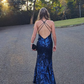 Charming Mermaid V Neck Navy Blue Sequins Satin Long Prom Dress Evening Dress with Slit SH1955