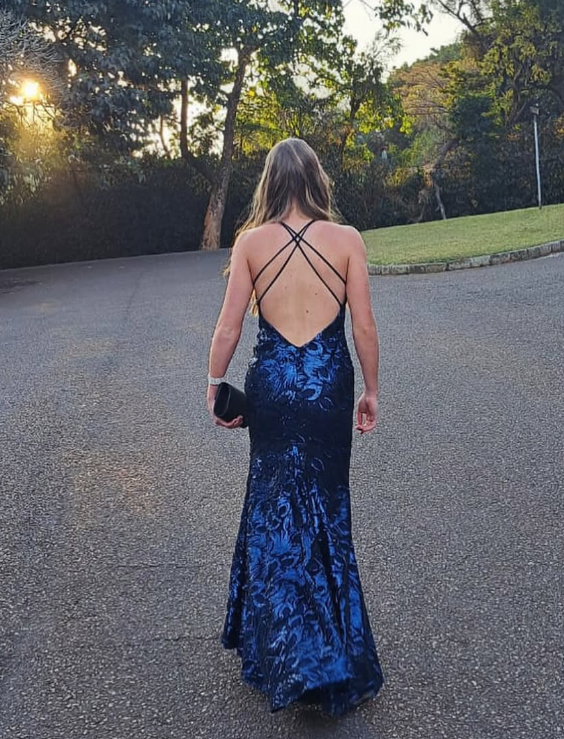 Charming Mermaid V Neck Navy Blue Sequins Satin Long Prom Dress Evening Dress with Slit SH1955