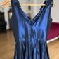 Vintage Navy Blue A Line V Neck Satin Prom Dress Evening Dress Date Dress SH5640