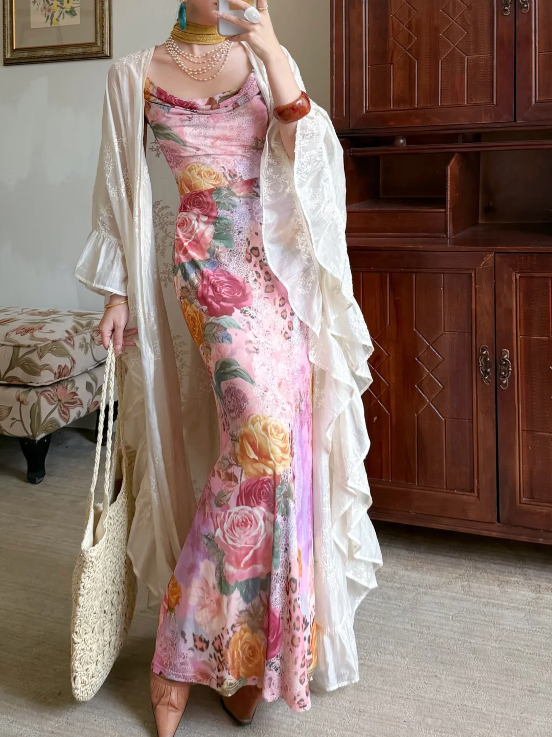 Beautiful Sheath Spaghetti Straps Pink Printed Floral Chiffon Long Prom Dress Evening Dress SH6052