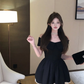 Cute A Line Off the Shoulder Black Satin Short Homecoming Dress Cocktail Dress SH2999