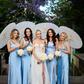 Gentle Sheath Strap Blue Satin Long Bridesmaid Dress Evening Dress with Slit SH2835