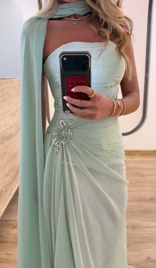 Fresh Green A Line Strapless Chiffon Long Prom Dress Party Evening Dress SH5704