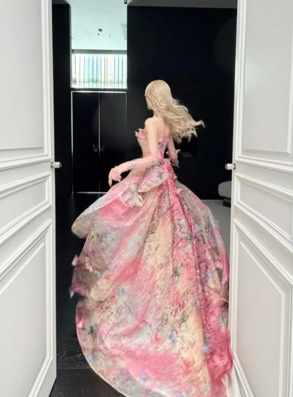 Sweety Pink Ball Gown Print Floral Chiffon Prom Dress Quinceanera Dress SH7168