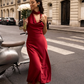 Sexy Burgundy A Line Halter Pearl Satin Open Back Prom Dress Party Dress Formal Dress SH4001