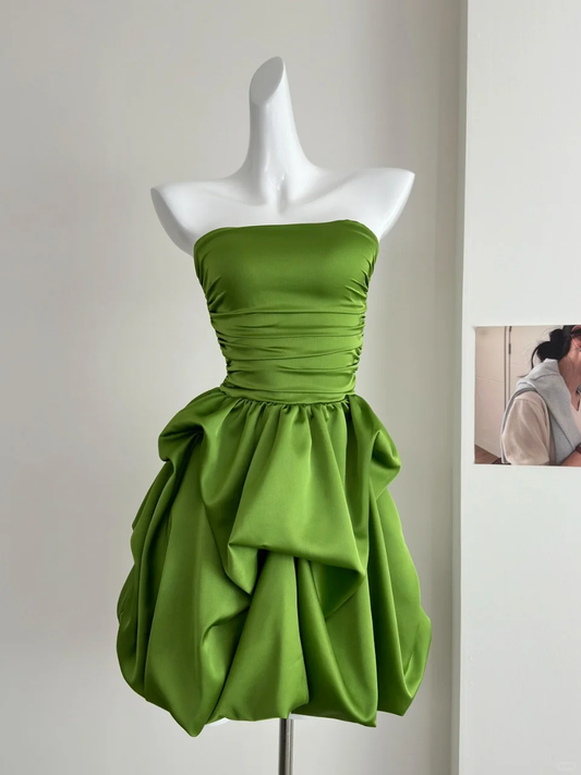 Simple A Line Strapless Pleated Green Satin Short Homecoming Dress Cocktail Dress SH3089