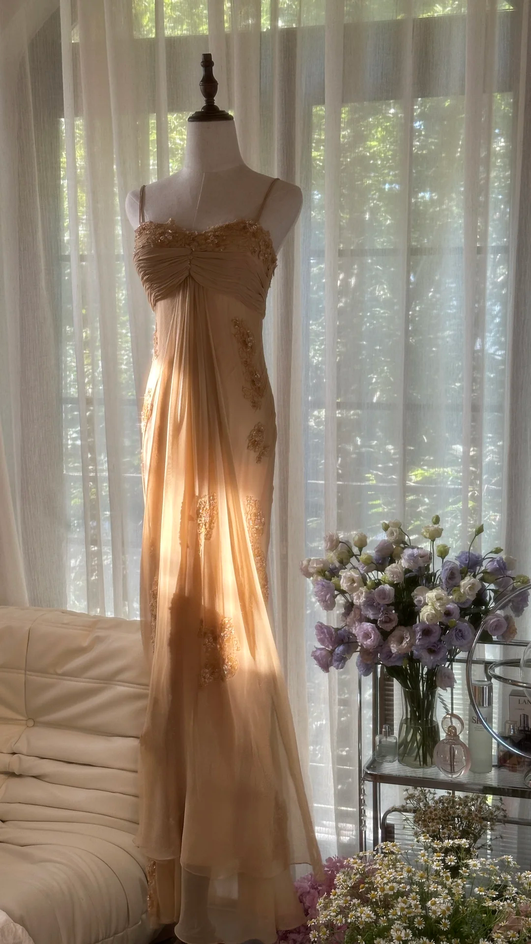 Dreamy Sheath Spaghetti Strap Appliques Chiffon Long Prom Dress Evening Dress SH2968