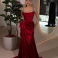 Elegant Burgundy Mermaid Straps Beaded Satin Prom Dress Wedding Guest Dress SH5390