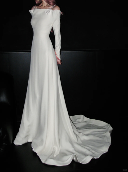 Elegant Mermaid Long Sleeve Floral White Satin Open Back Long Sweep Wedding Dress SH4931