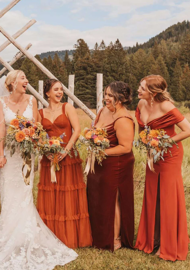 Burnt Orange Mismatched Charming Autumn Wedding Party Bridesmaid Dresses SH5578