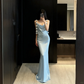 Gentle Blue Mermaid Spaghetti Strap Floral Satin Long Prom Dress Evening Dress SH5106