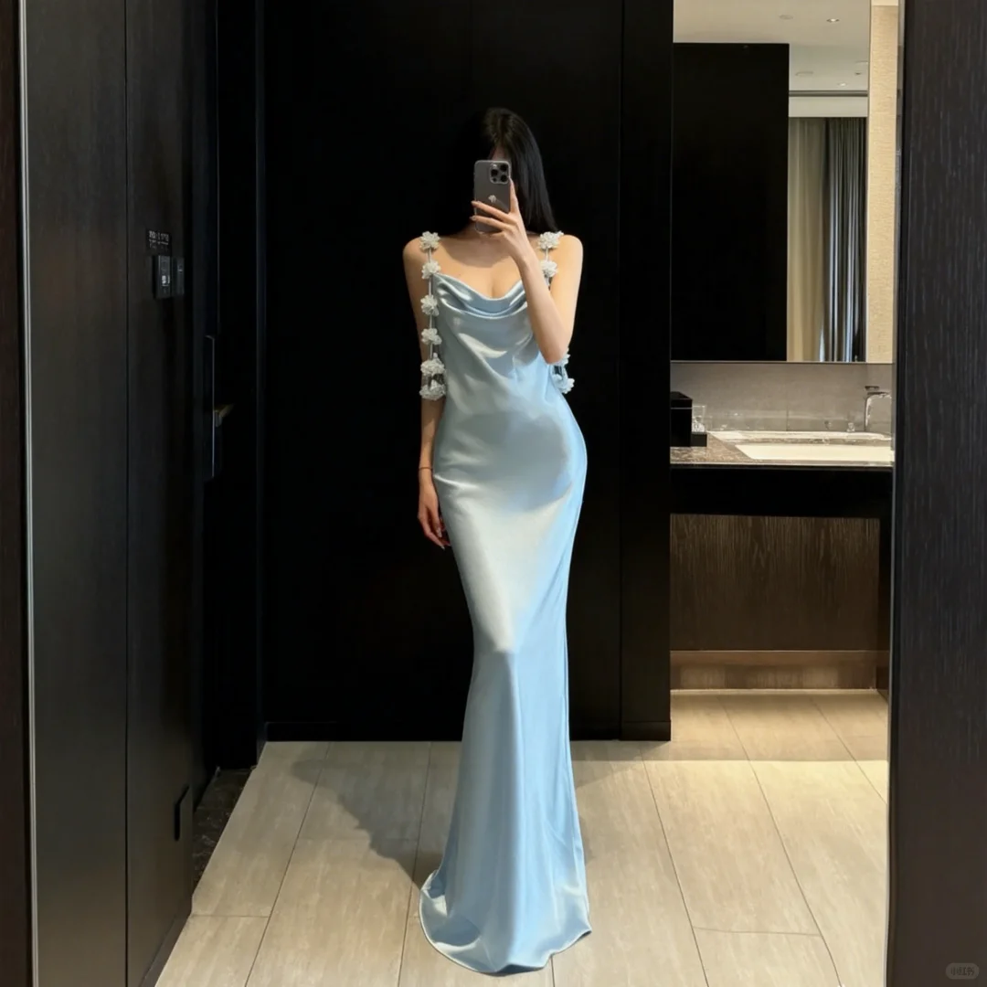 Gentle Blue Mermaid Spaghetti Strap Floral Satin Long Prom Dress Evening Dress SH5106