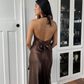 Simple A Line Halter Brown Satin Open Back Evening Dress Party Dress SH2689