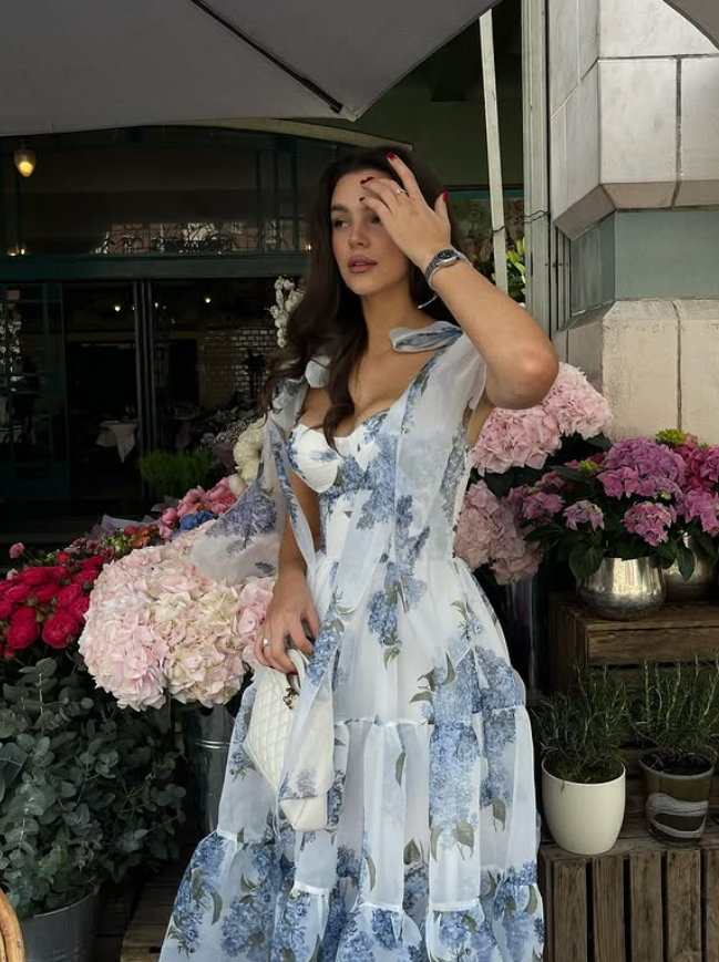 Blue Print Floral A Line Spaghetti Strap Chiffon Long Prom Dress Evening Dress SH6602
