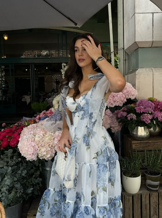 Blue Print Floral A Line Spaghetti Strap Chiffon Long Prom Dress Evening Dress SH6602