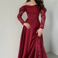 Elegant Burgundy A Line Long Sleeve Lace Satin Prom Dress Wedding Guest Dress SH6012