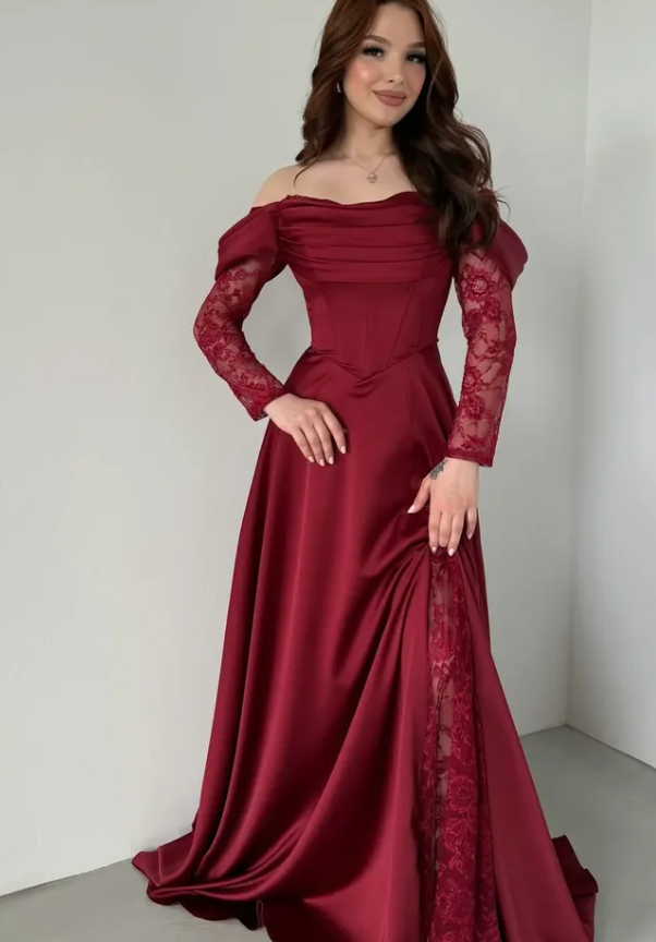 Elegant Burgundy A Line Long Sleeve Lace Satin Prom Dress Wedding Guest Dress SH6012
