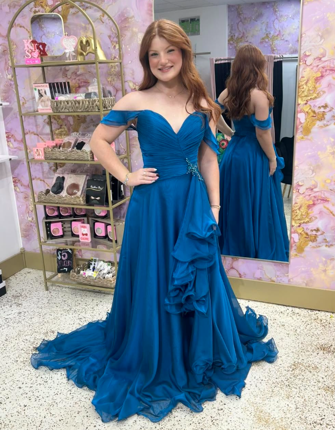 Pretty Dark Blue A Line Off the Shoulder Beaded Chiffon Long Prom Dress Evening Dress SH6815