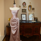 Pink Mermaid Strapless Beaded Pleated Satin Long Prom Dress Evening Dress SH7380