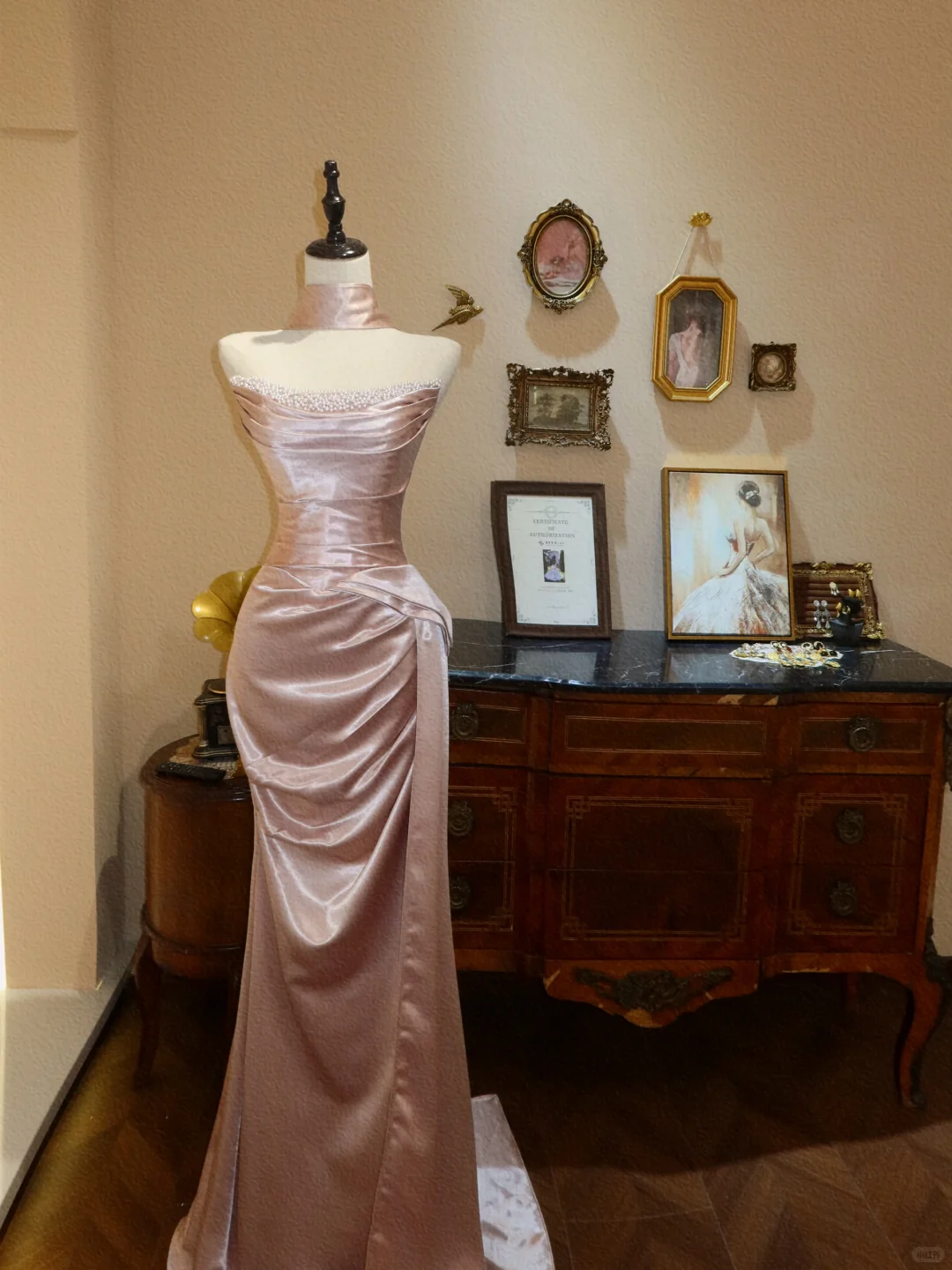 Pink Mermaid Strapless Beaded Pleated Satin Long Prom Dress Evening Dress SH7380